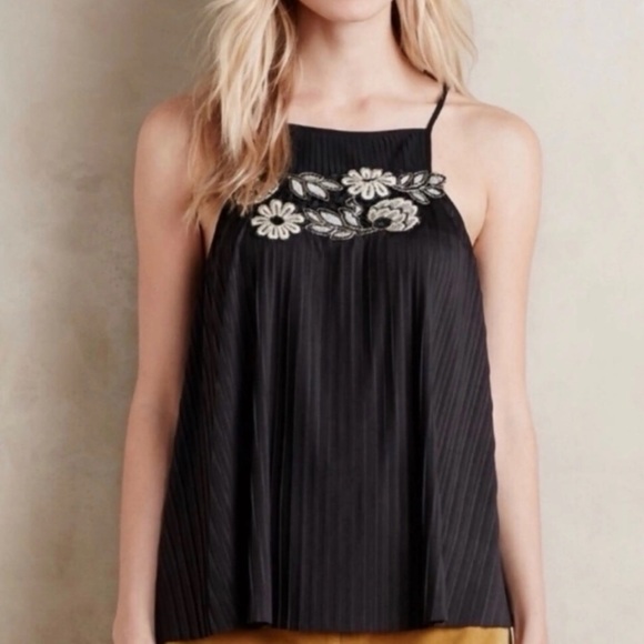 Anthropologie Tops - Anthropologie pleated black embroidered tank